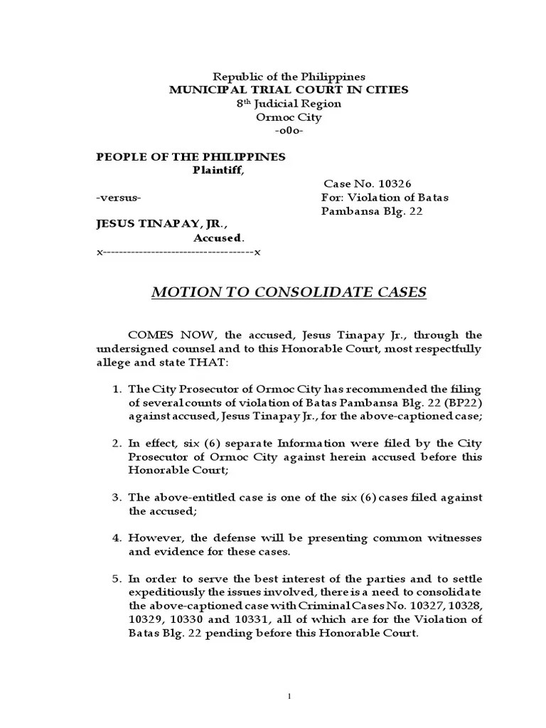 Motion To Consolidate Cases Joel Mascariñas V Jesus Tinapay Jr. PDF