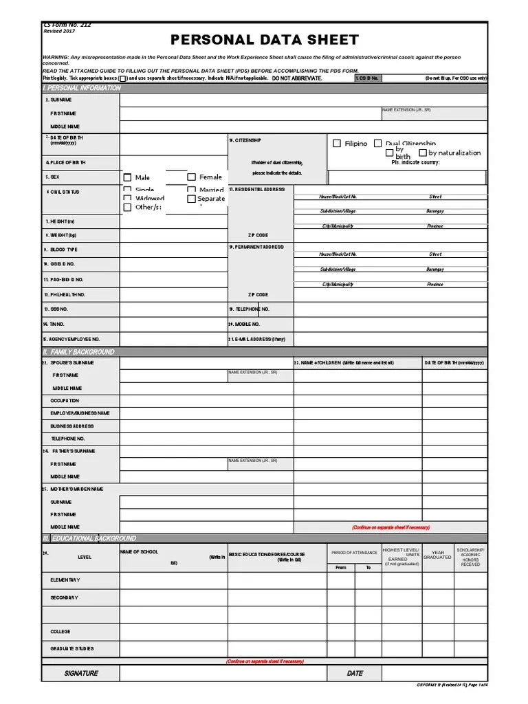 CS Form No. 212 Personal Data Sheet Revised (2) Passport Personally
