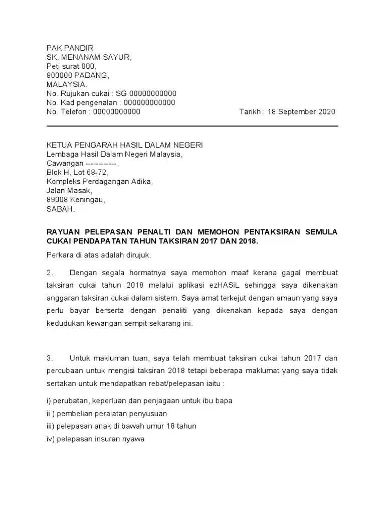 Cukai pendapatan tahun taksiran 2017 dan 2018. Contoh Surat Rayuan Pengecualian Bayaran Penalti