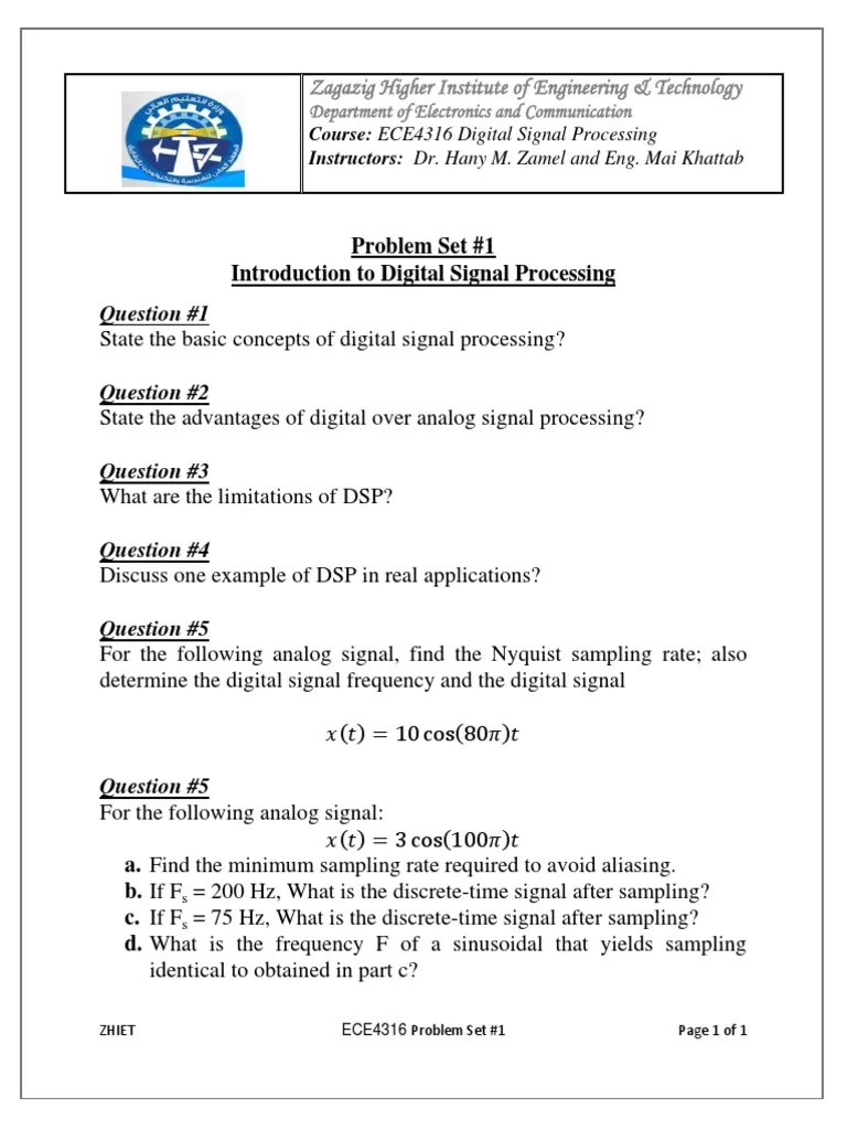 Problem Set 1 Introduction To Digital Signal Processing Question 1 PDF