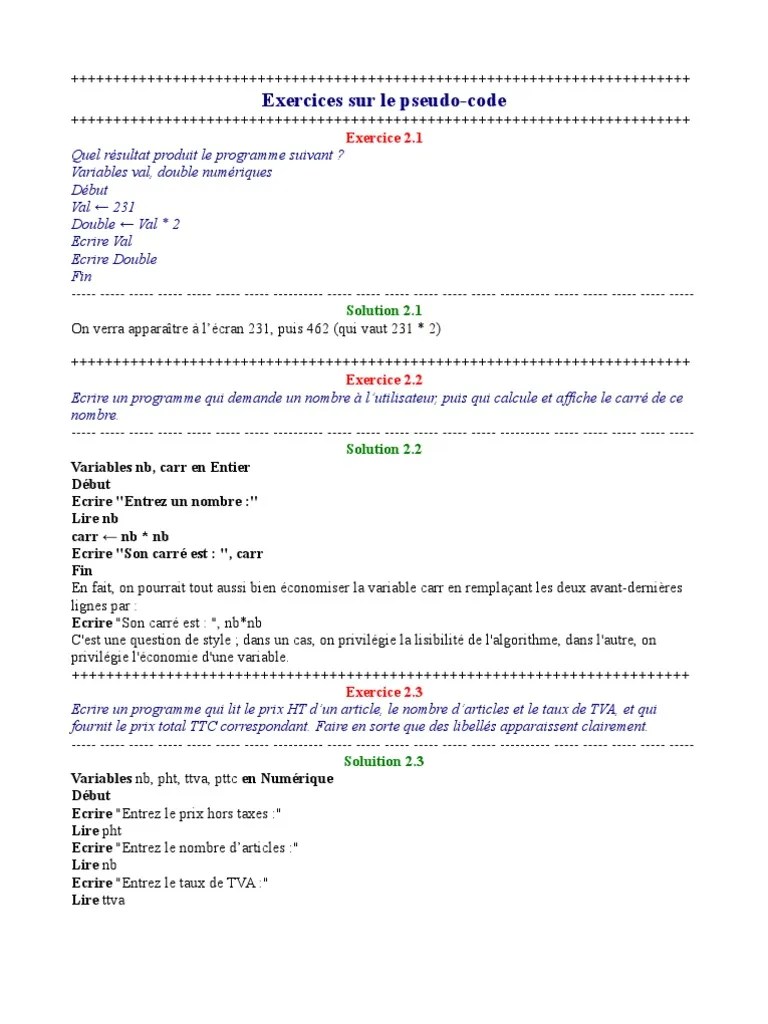 Exercices sur le pseudocode Taxe sur la valeur ajoutée Domaines de