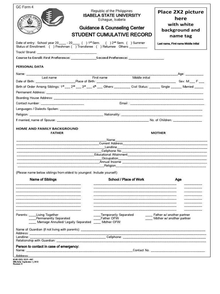 Student Cumulative Record Guidance & Counseling Center PDF Social