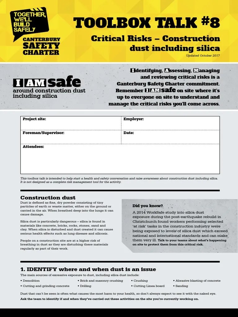 Safety Charter Toolbox Talks 8 Construction Dust PDF Dust Silicon