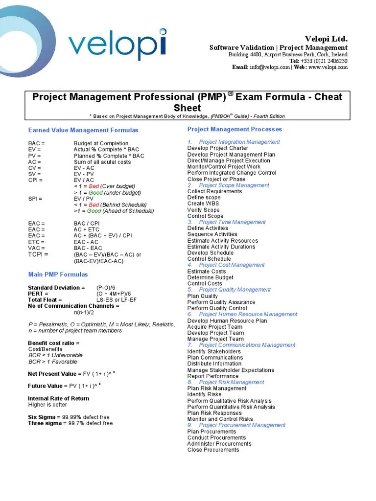 Velopi PMP Cheat Sheet PDF PDF Project Management Risk Management