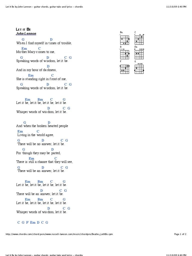 Let it Be by John Lennon guitar chords, guitar tabs and lyrics