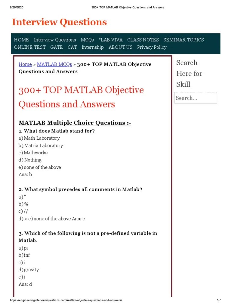 300+ TOP MATLAB Objective Questions and Answers PDF Matlab