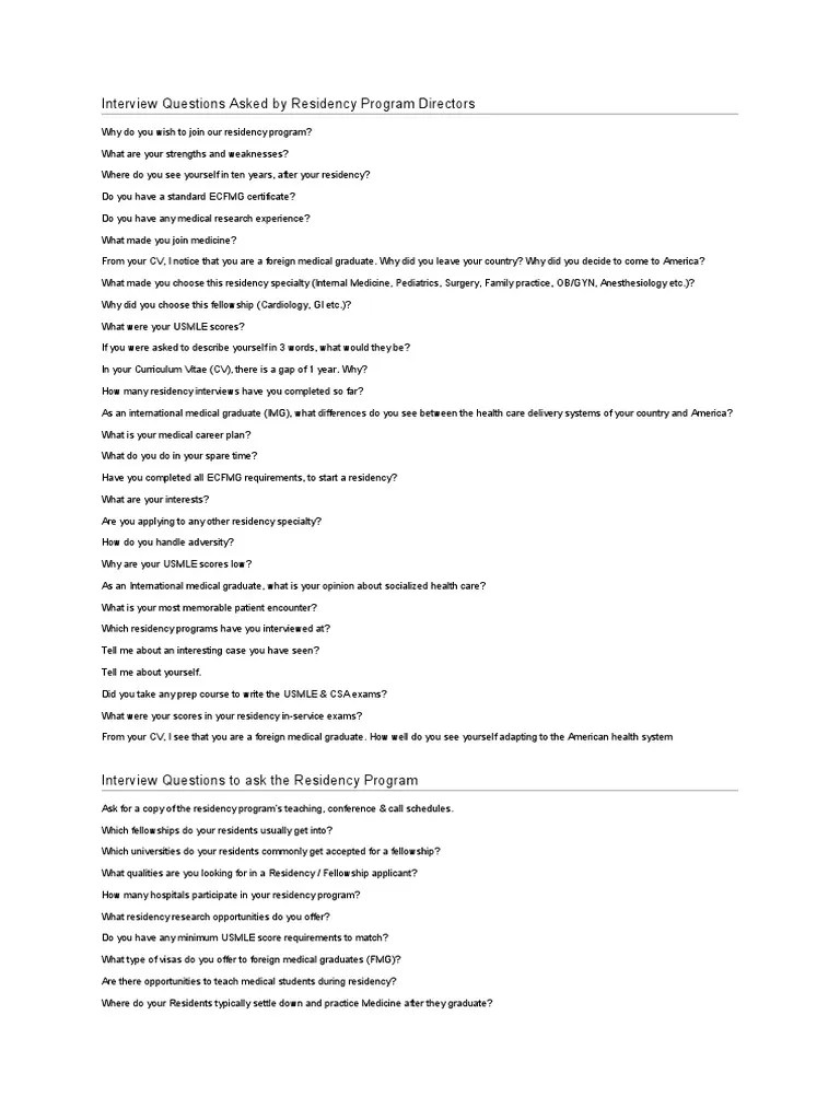 Residency Interview Questions PDF Residency (Medicine) United States Medical Licensing