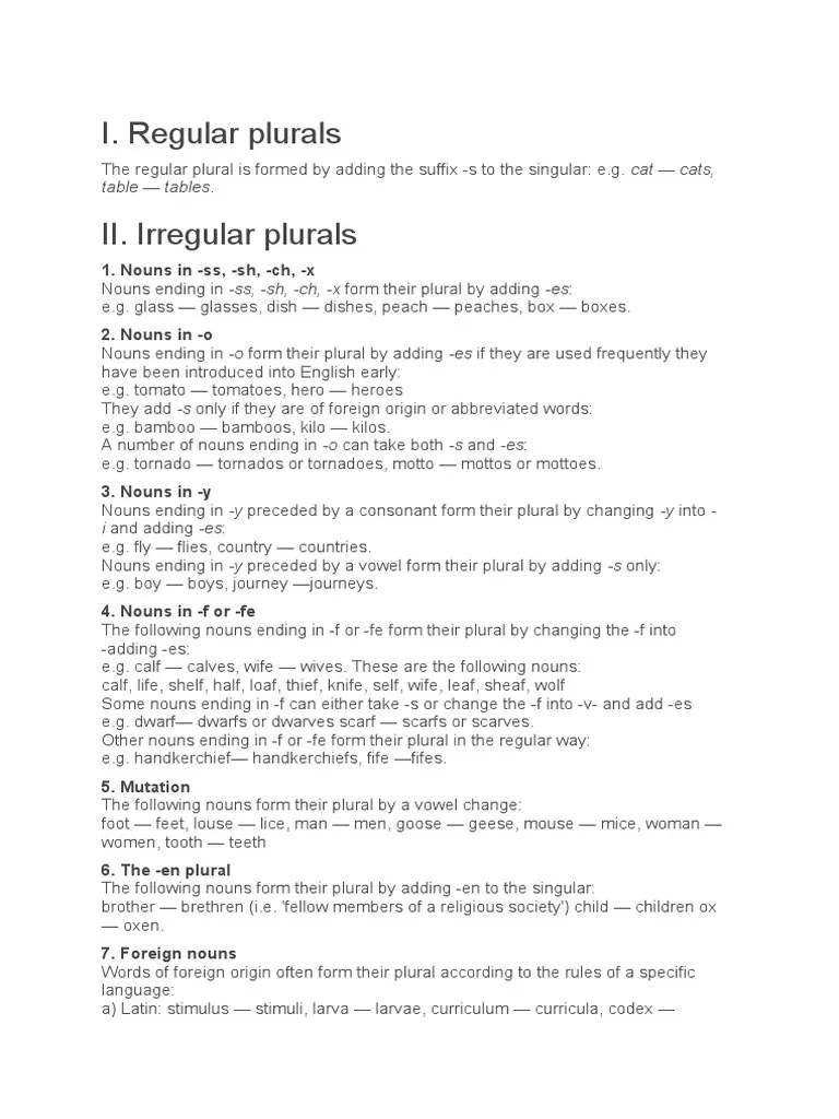 I. Regular Plurals Table Tables PDF Plural Grammatical Number