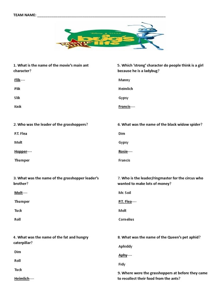 A Bug's Life Quiz ANSWERS PDF Insects Insects And Humans