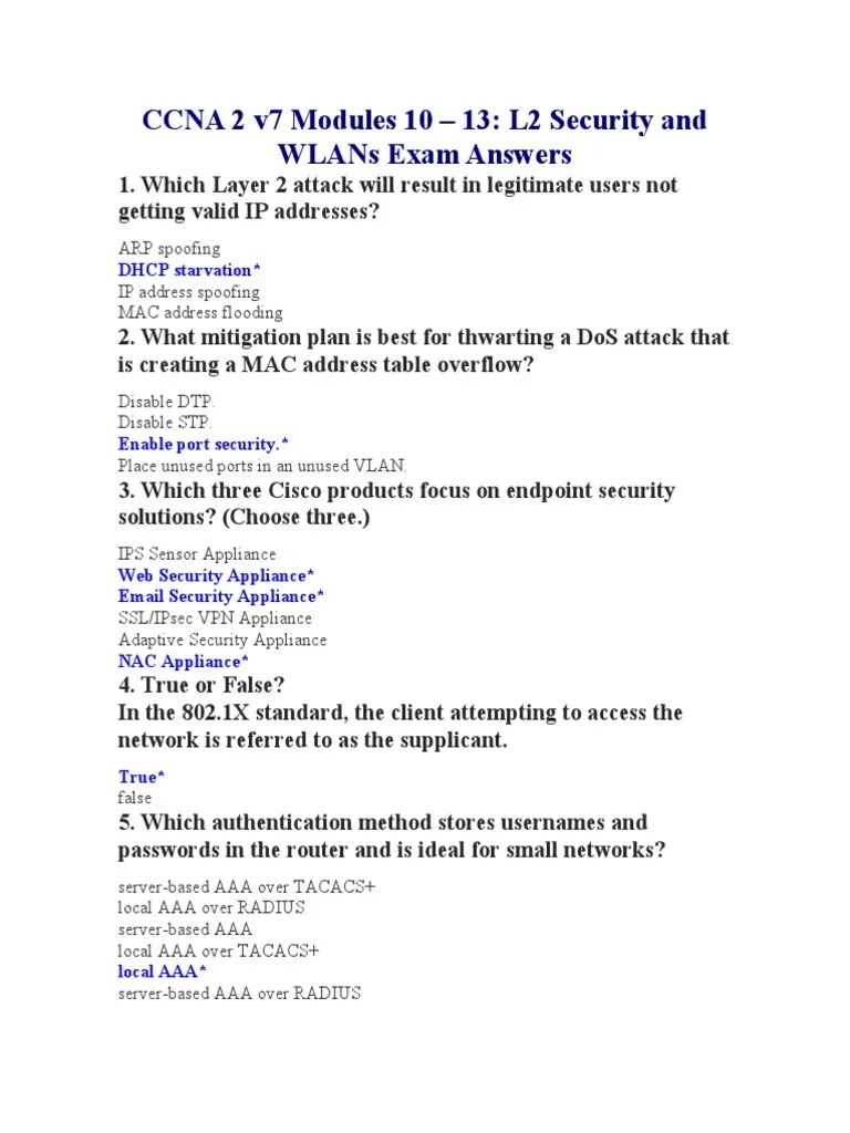 Ccna 2 V7 Modules 10 - 13: L2 Security and Wlans Exam Answers | PDF