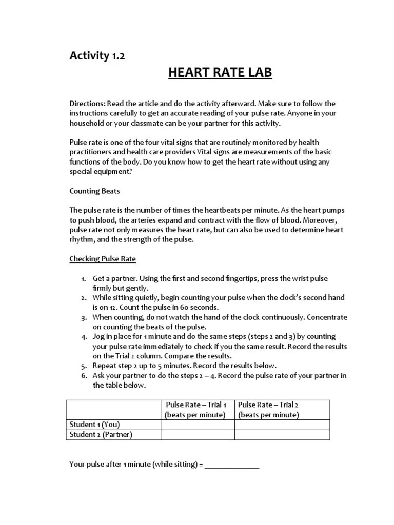 Heart Rate Lab Activity 1.2 PDF Pulse Heart Rate
