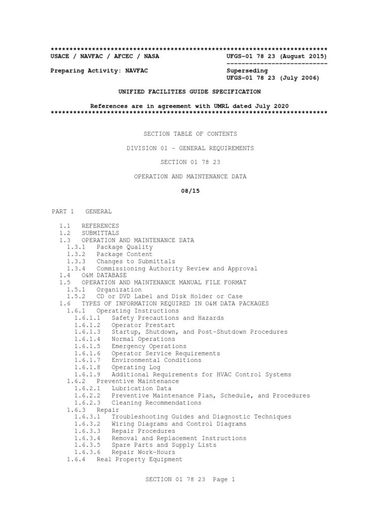 UFGS 01 78 23 Operation and Maintenance Data PDF PDF Specification