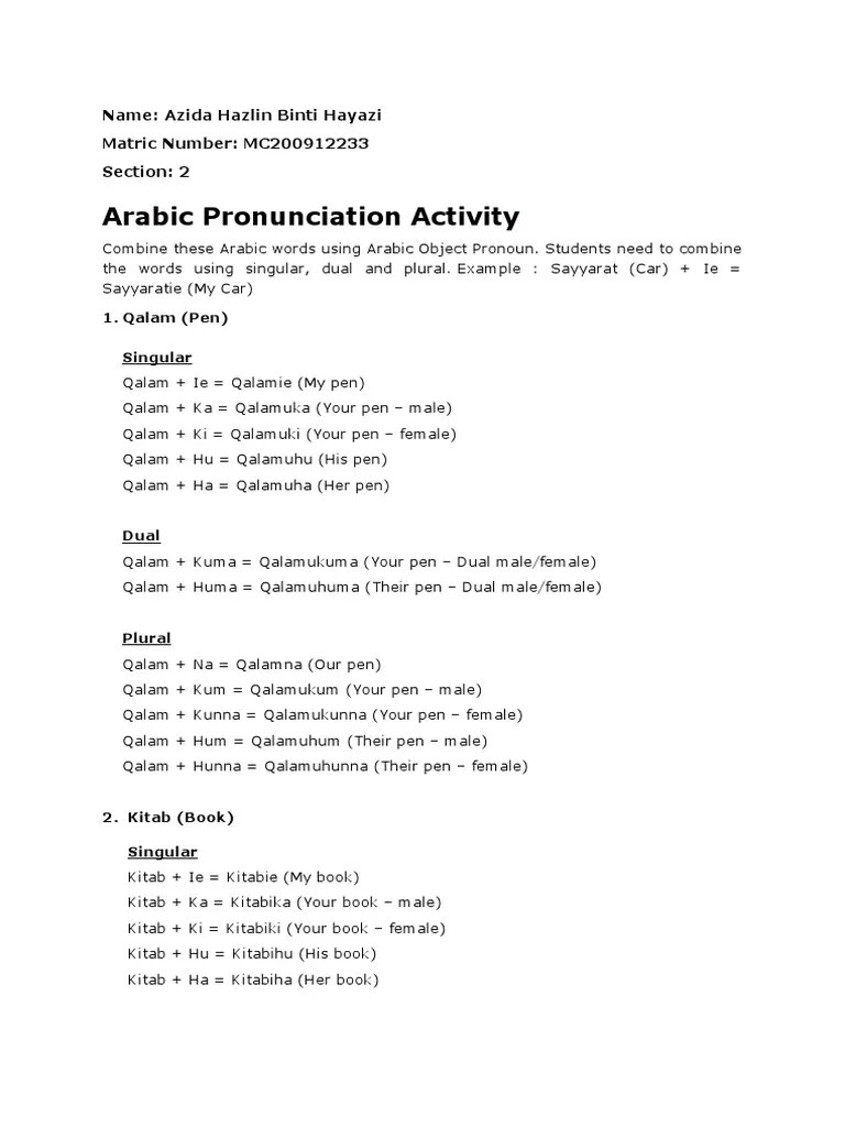 Arabic Pronunciation Activity - Azida Hazlin Binti Hayazi (MC200912233)  (Section 2) | PDF | Grammatical Number | Plural