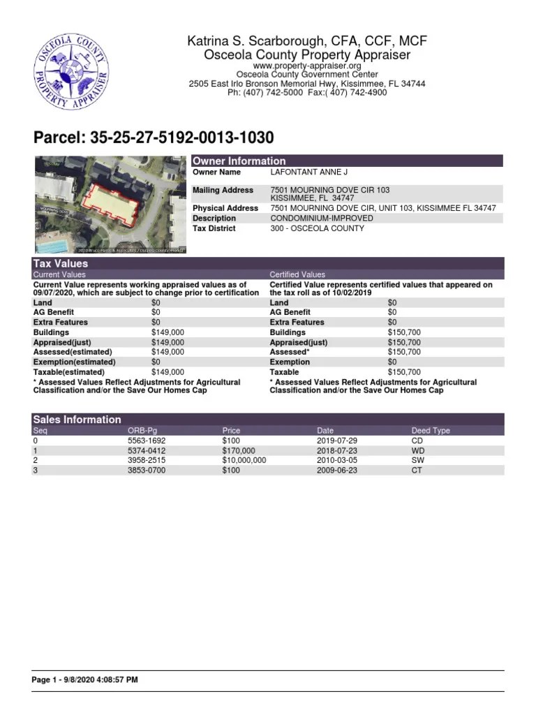 Osceola County Property Appraisal for 7501 Mourning Dove Cir Unit 103