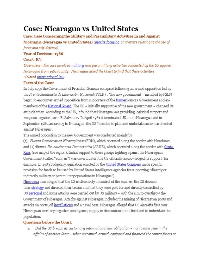 Case Nicaragua Vs United States Merits Focusing PDF Sandinista