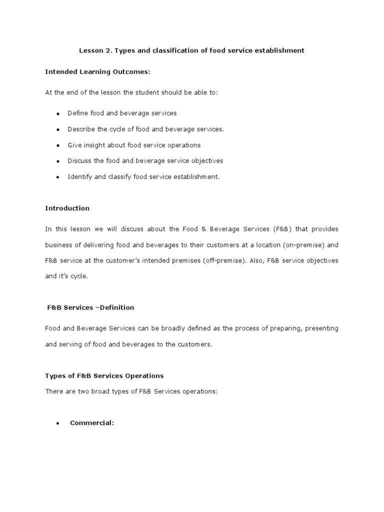 Lesson 2. Types and Classification of Food Service Establishment
