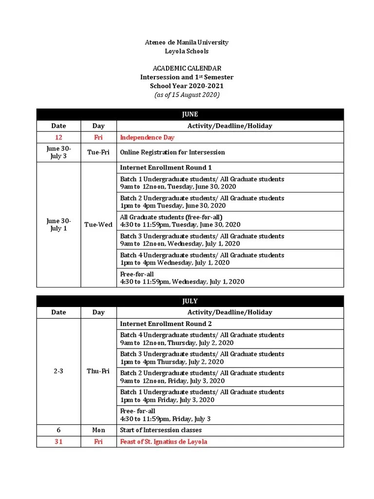 Ateneo Loyola Schools Academic Calendar 20202021 PDF Academic Term