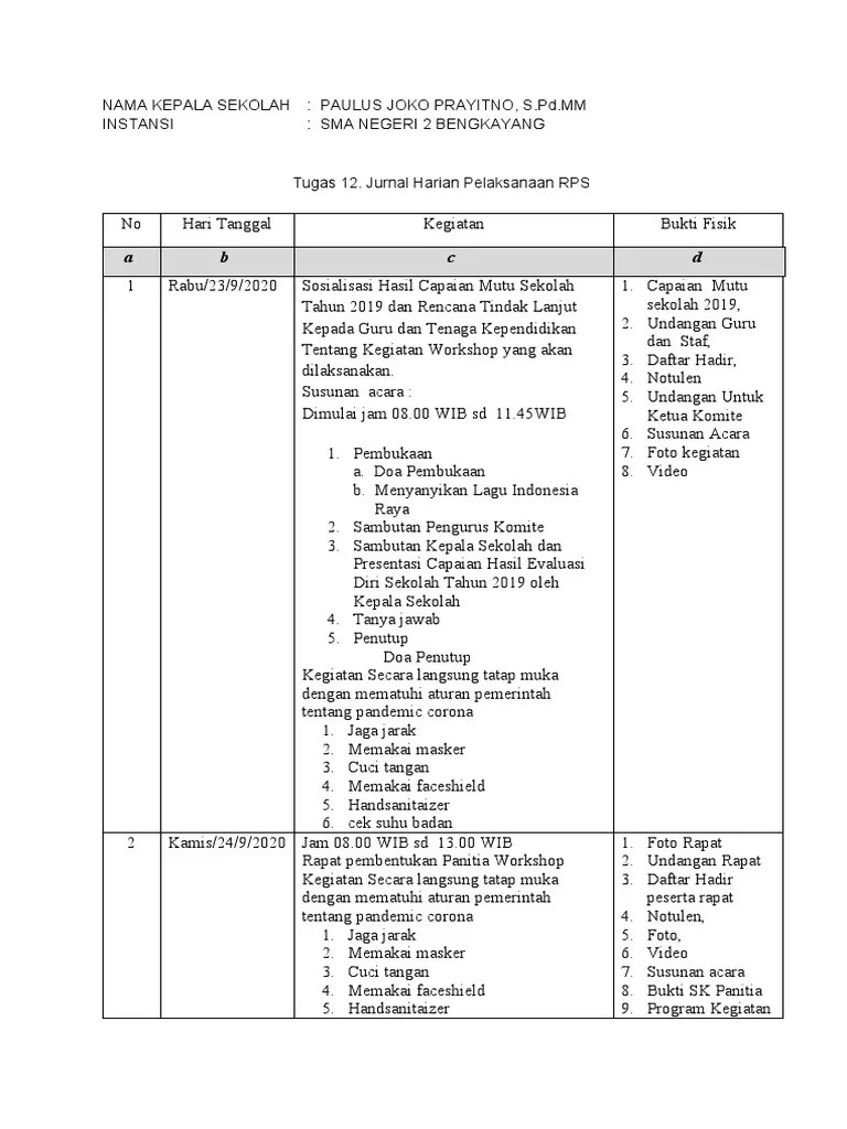 Tugas 12. Mencatat Jurnal Harian Pelaksanaan RPS Rev | PDF
