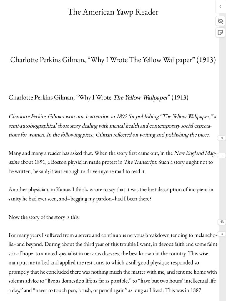 Charlotte Perkins Gilman, "Why I Wrote The Yellow Wallpaper" (1913