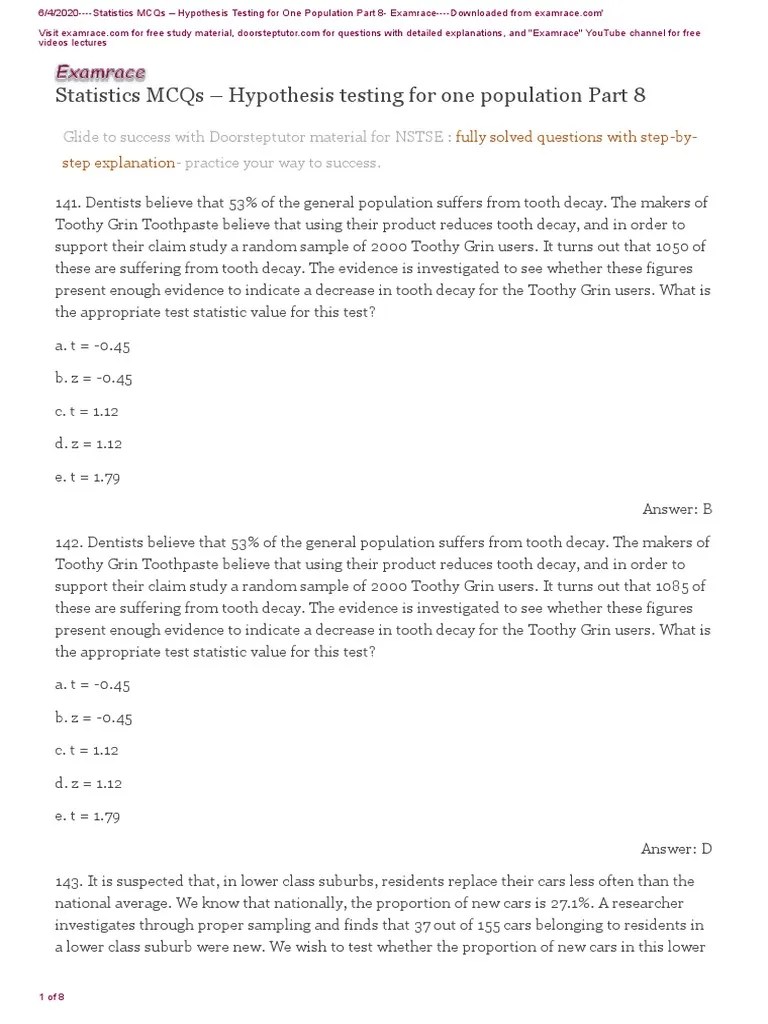 Statistics Mcqs Hypothesis Testing For One Population Part 8 PDF