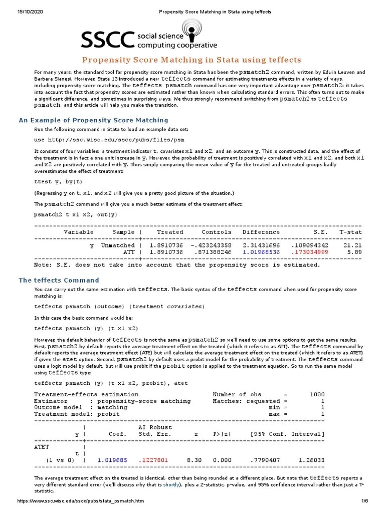 Propensity Score Matching in Stata Using Teffects PDF Regression