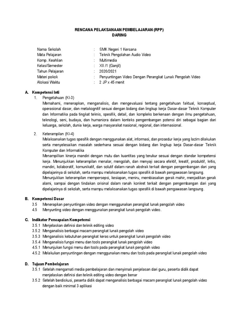 RPP KD 5 Menerapkan Penyuntingan Video | PDF