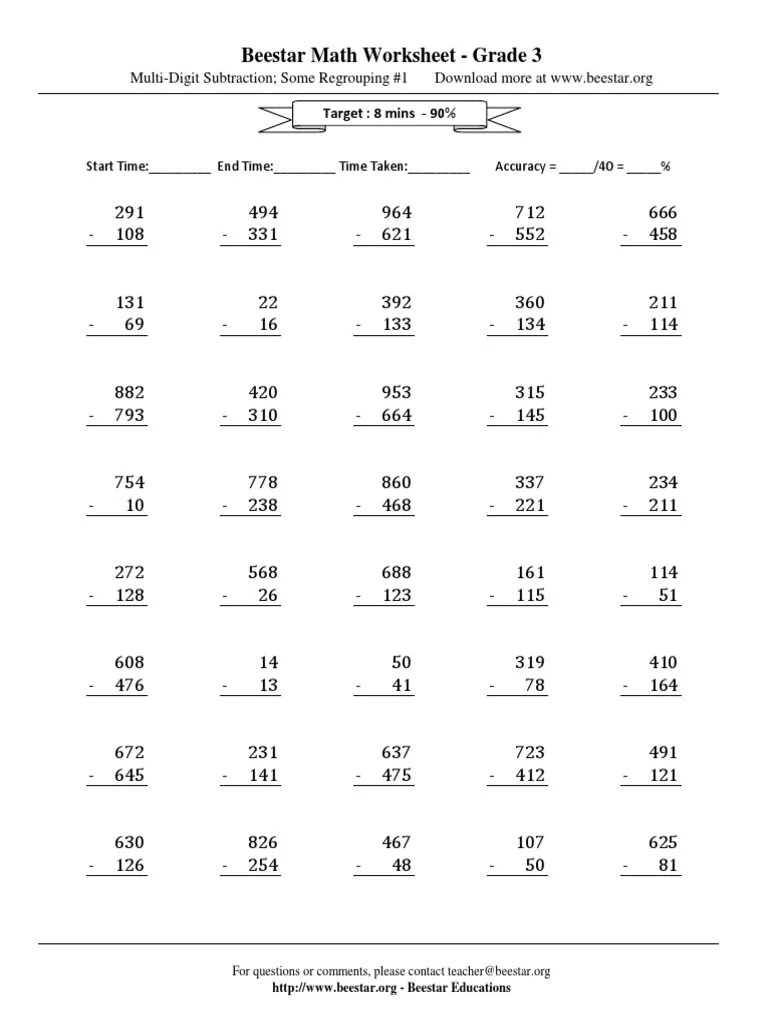 Beestar Math Worksheet Grade 3 Target 8 Mins 90 PDF