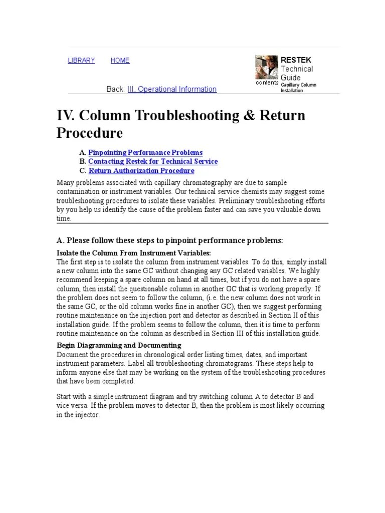 IV. Column Troubleshooting & Return Procedure Restek PDF