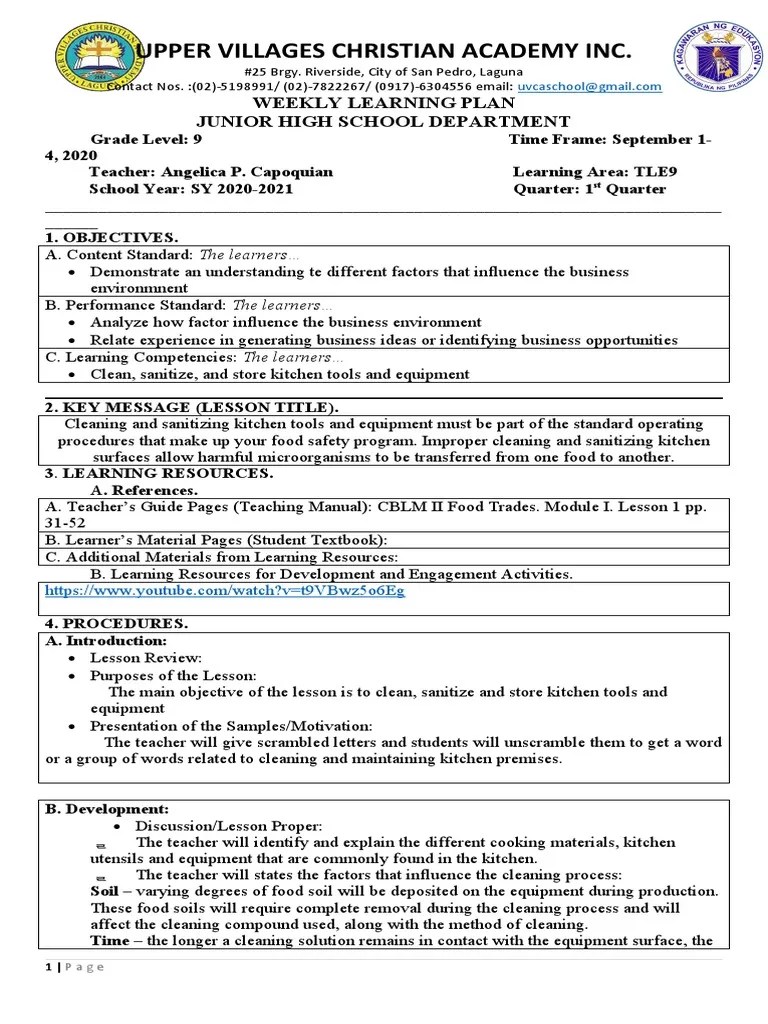 TLE9 Quarter1 Week1 Clean Sanitize and Store Kitchen Tools and Equipment LearningPlan PDF PDF