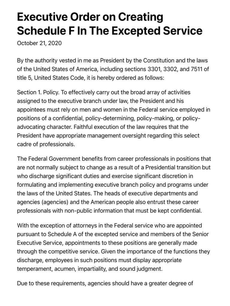Executive Order On Creating Schedule F in The Excepted Service The