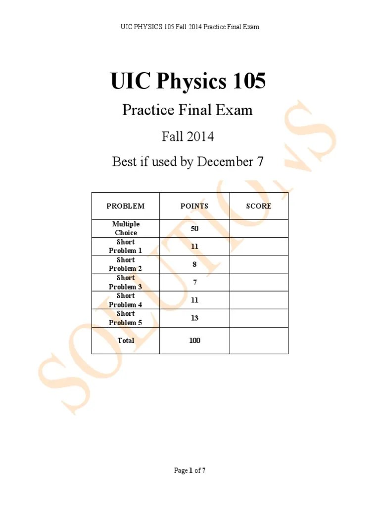 UIC Physics 105 Practice Final Exam PDF Wavelength Waves