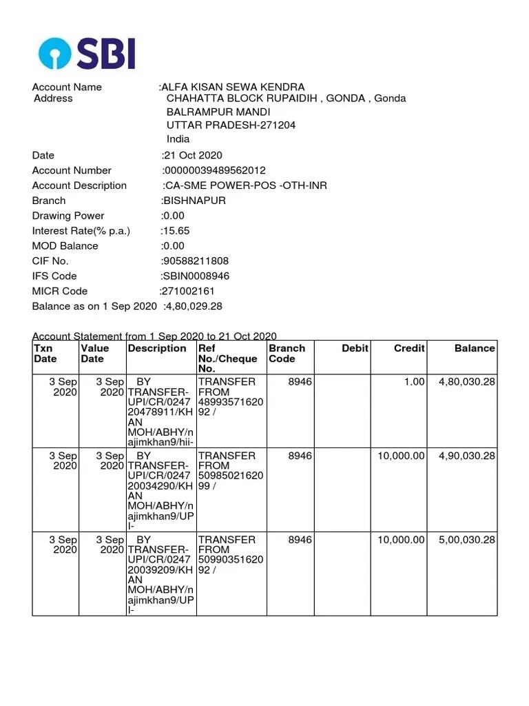 SBI Statement Deposit Account Cash
