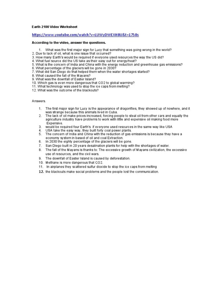 Earth 2100 Video Worksheet PDF