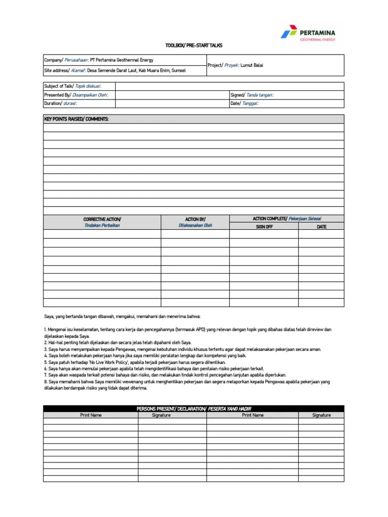 Toolbox Meeting Form PDF