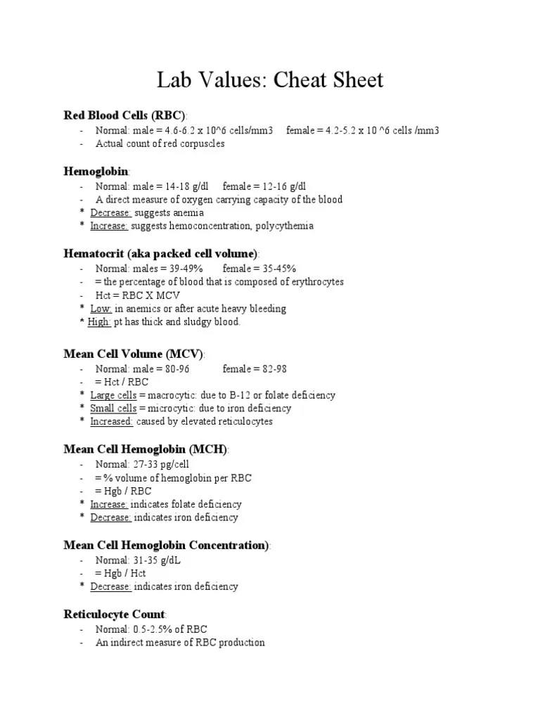 Lab Values Cheat Sheet PDF Anemia Red Blood Cell