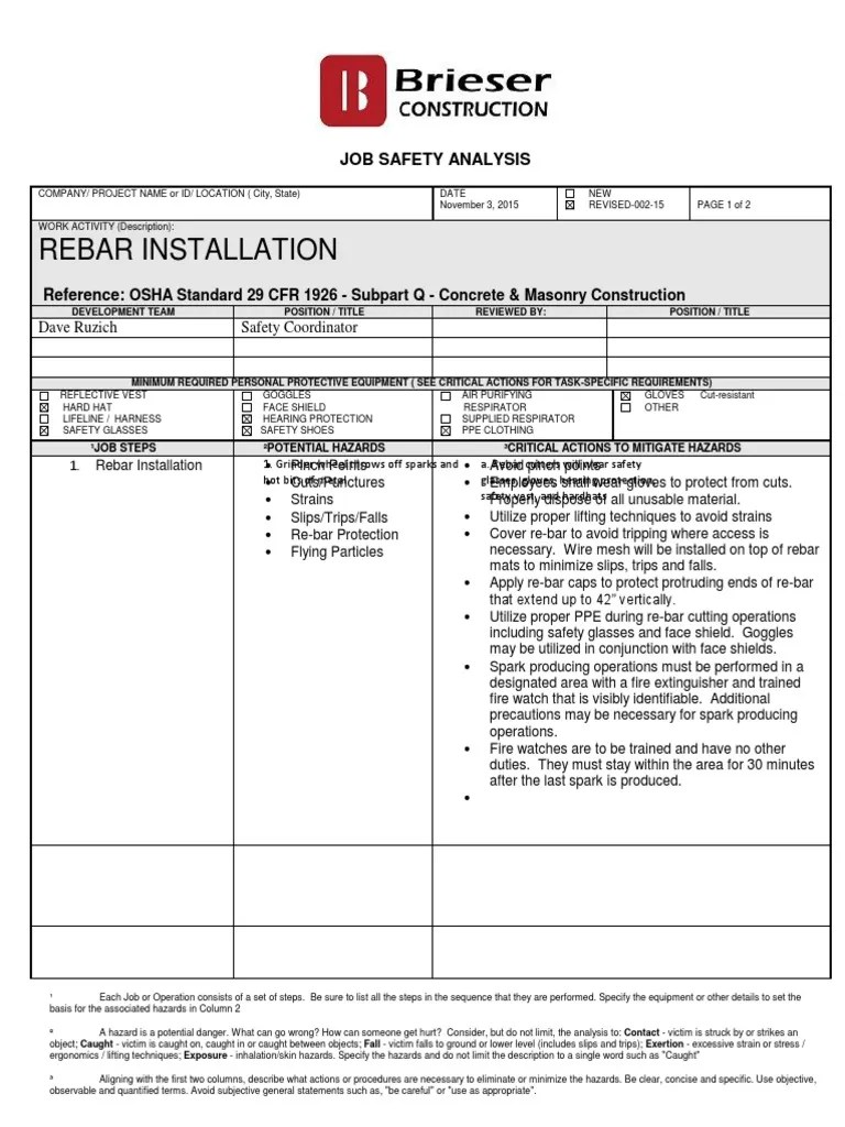 Rebar Installation Job Safety Analysis PDF Personal Protective