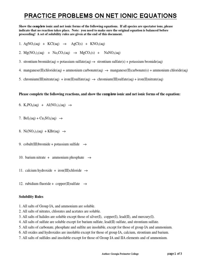 Practice Problems On Net Ionic Equations PDF Salt (Chemistry