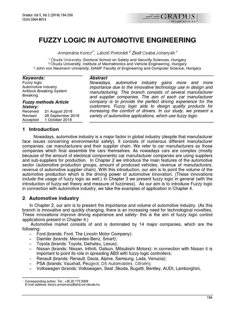 Fuzzy Logic in Automotive Engineering Keywords Download Free PDF