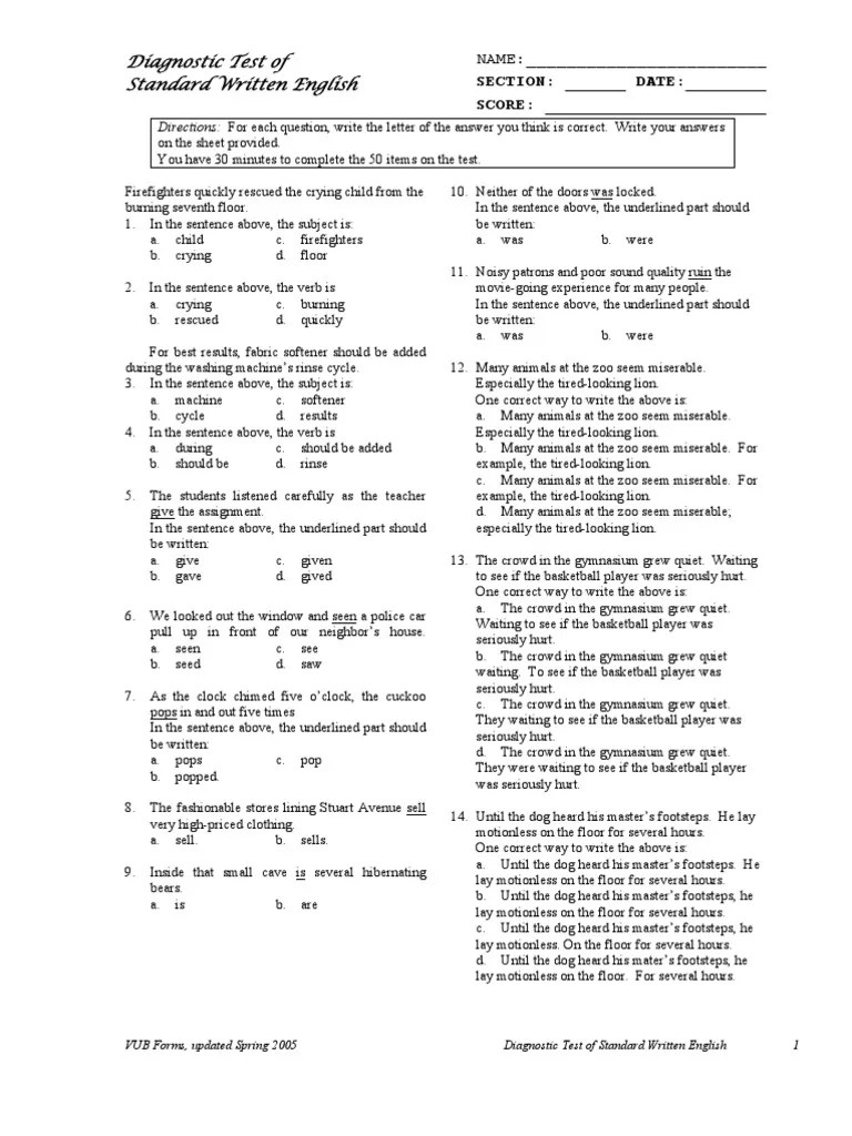 Diagnostic Test of Standard English PDF Grammar Language Mechanics
