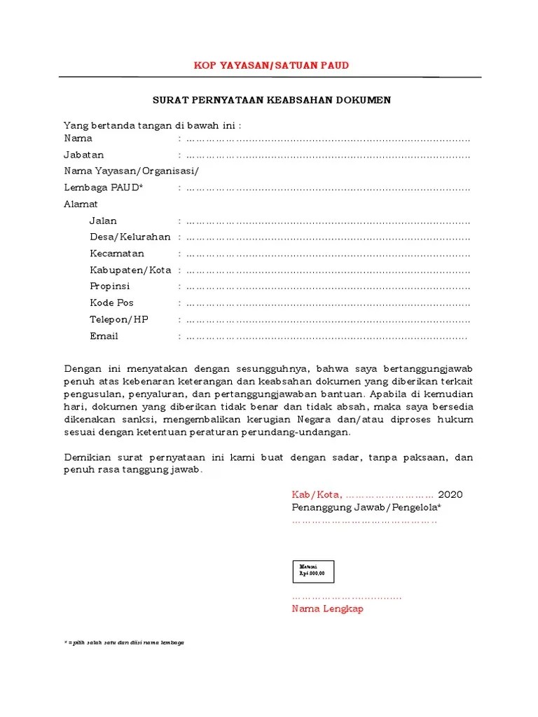 Surat Pernyataan Kebenaran Dan Keabsahan Dokumen | PDF