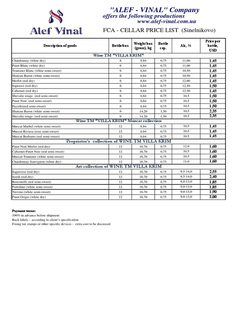 "ALEF VINAL" Company FCA CELLAR PRICE LIST (Sinelnikovo) PDF
