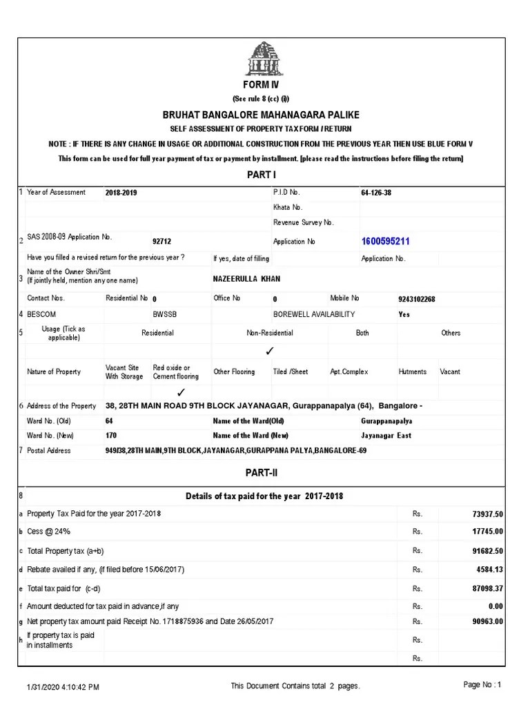 Form Iv Details of Tax Paid For The Year 20172018 PDF Property Tax Taxes