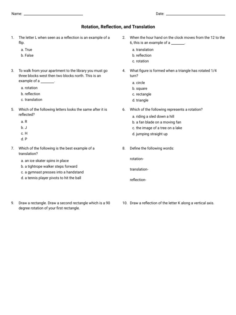 Rotation, Reflection, and Translation (Grade 8) Free Printable Tests and Worksheets PDF