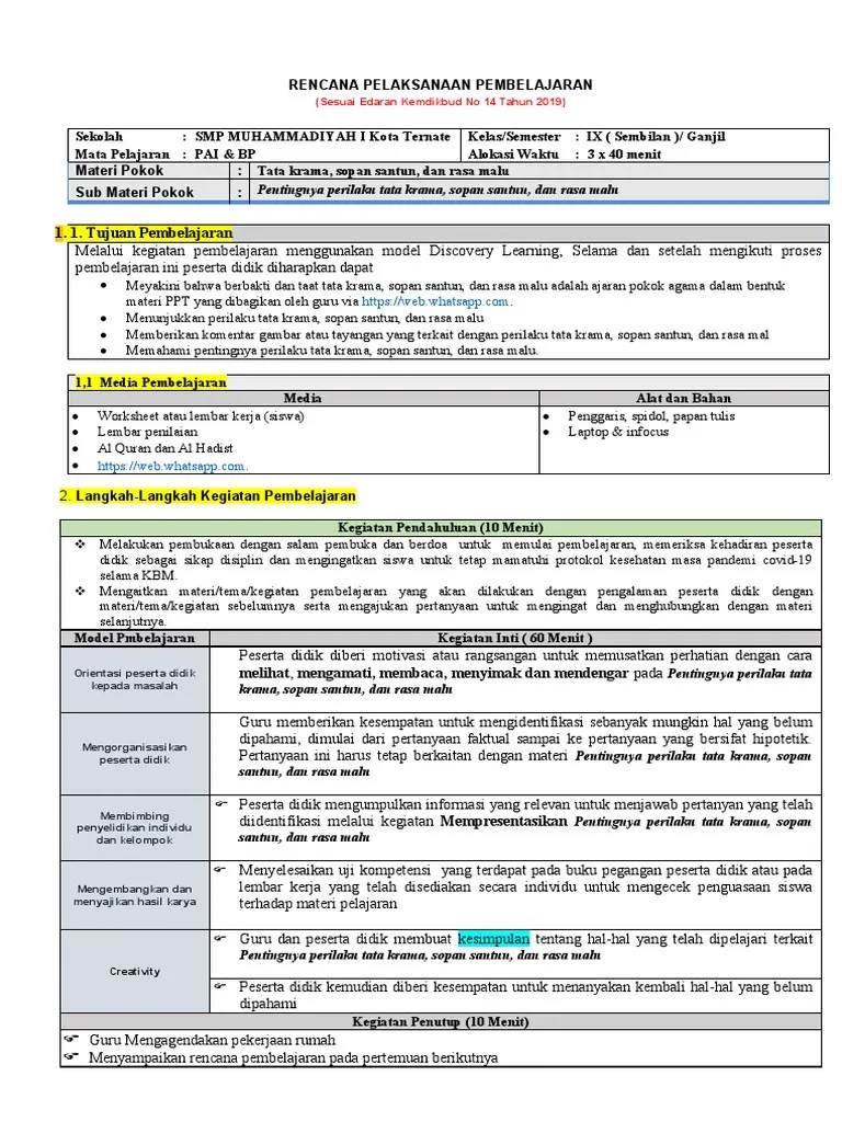 RPP 7 Tata Krama Dan Sopan Santun Dan Rasa Malu | PDF
