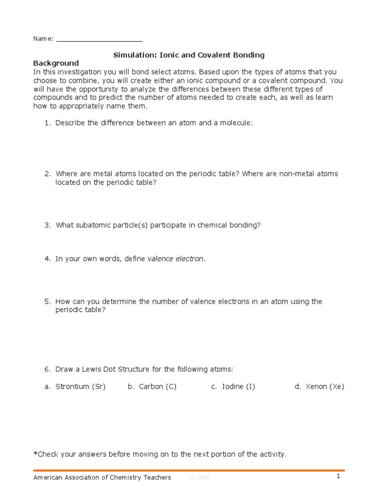 Simulation Ionic Covalent Bonding Student PDF Valence (Chemistry