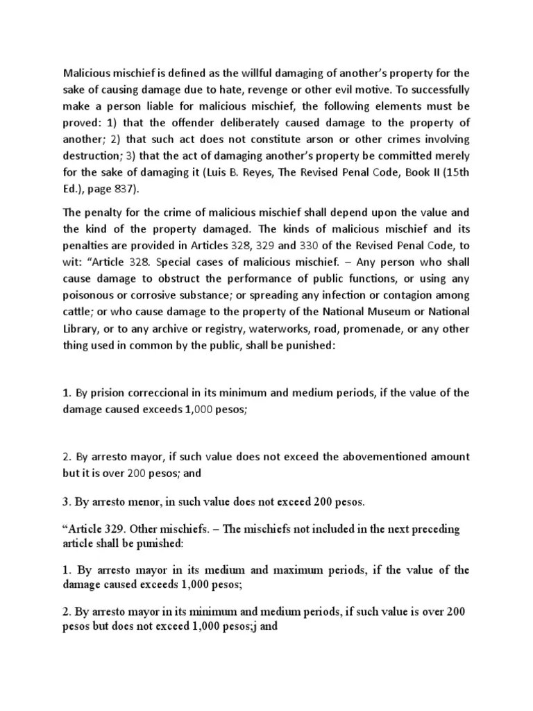 Malicious Mischief PDF Legal Aid Justice