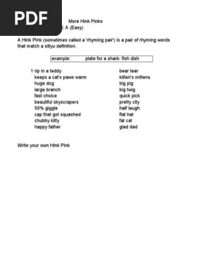 Hinky Pinky Worksheet / Hink Pinks St Patrick S Day By Hugs And Hope