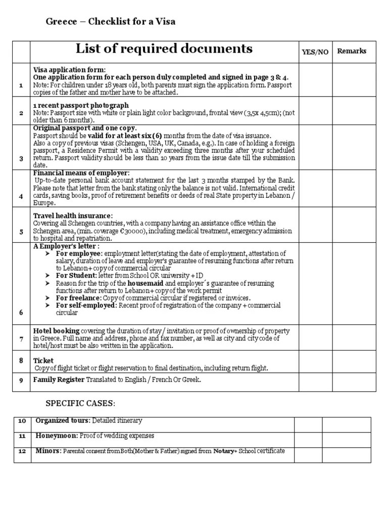 List of Required Documents Greece Checklist For A Visa PDF