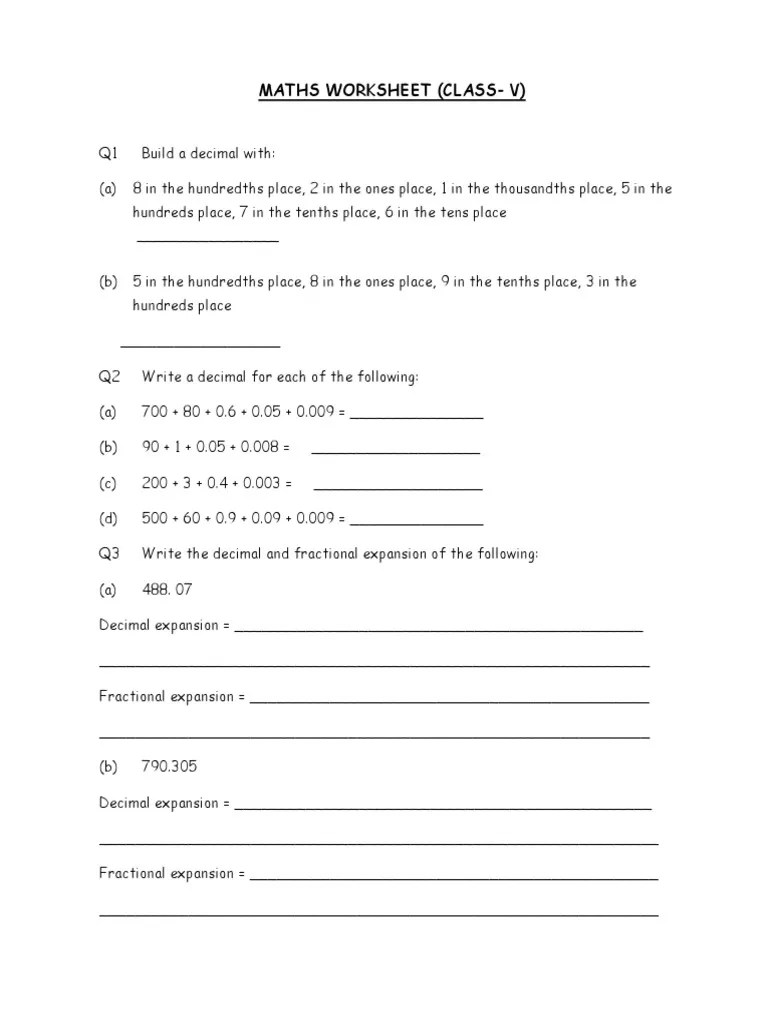Class 5 Mathematics Worksheet Decimals (3) N PDF