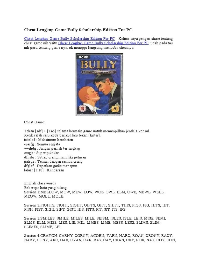 Cheat Lengkap Game Bully Scholarship Edition For PC PDF